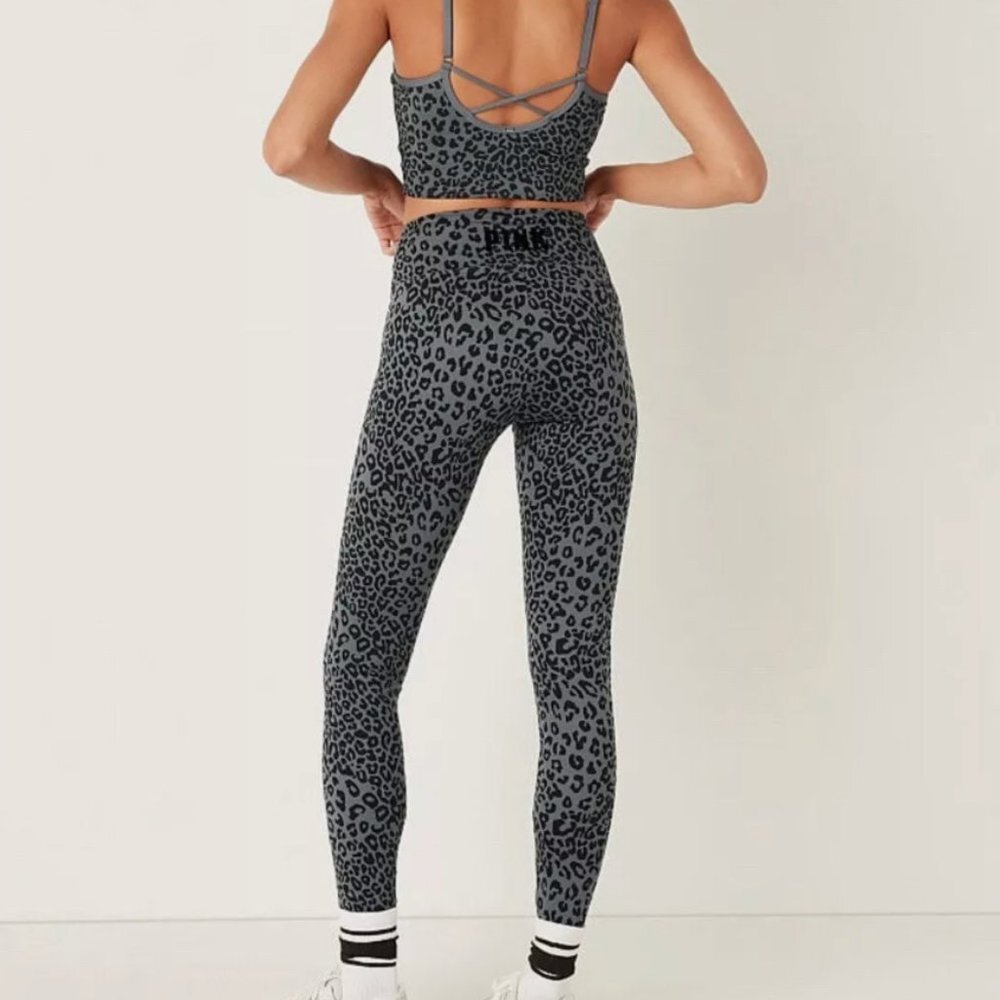 Victorias Secret PINK High Waist Full Length Ruched V Legging Small Leopard Gray - Picture 2 of 6